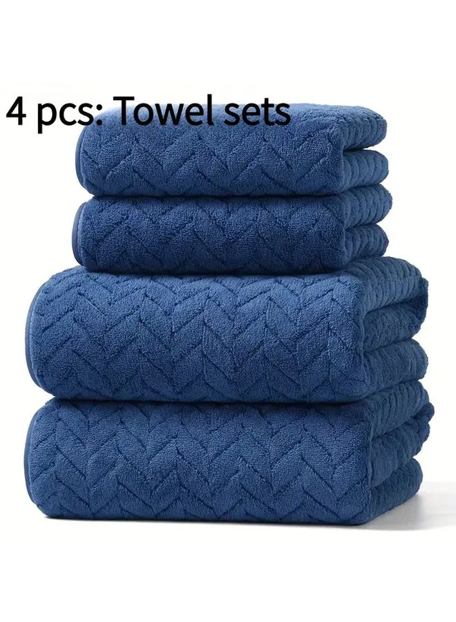 مجموعة مناشف حمام Bayexy Deep Blue Herringbone Stripe 4 قطع عالية الامتصاص من مزيج البوليستر الناعم - Image 1